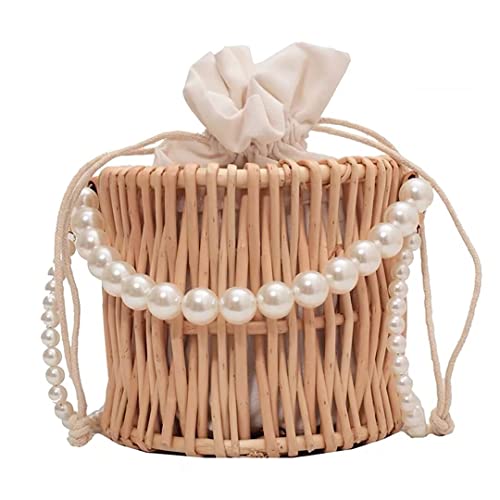 DUNMW Sac à bandoulière en osier fait à la main pochette sac de plage sac seau sac à bandoulière avec décoration de perles pour femme, fille, vacances, fêtes, mariages Cover