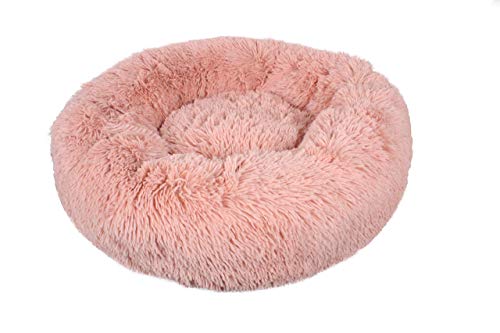 Calming Donut Dog Bed for Small Dogs & Cats, Fluffy Anti-Anxiety Pet Bed with Soft Faux Fur, Washable Plush Round Cuddler Bed with Squeak Toy, Non-Slip Base | Pink 58x58cm - Image 3