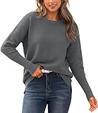BTFBM Casual Women 2024 Fall Sweater Long Sleeve Ribbed Knit Pullover Loose Crewneck Batwing Split Sweater(Dark Grey,Medium)