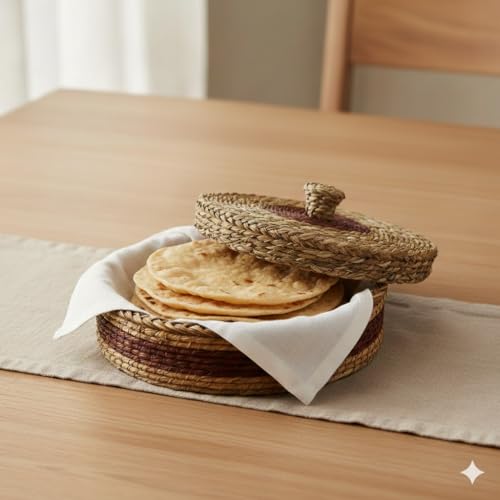 Image of Handwoven Sabai Grass Chapati Box with Lid, Round, 25x10 cm, Natural Brown
