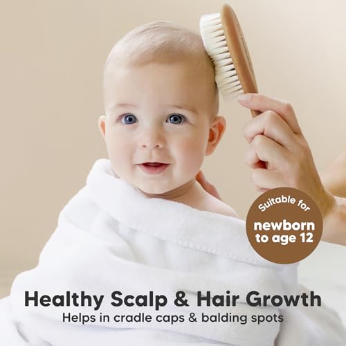 Image of Wooden Baby Hair Brush Set for Newborns, Toddler Comb (Golden Oak, Regular) | Soft Goat Bristle, Baby Brush and Comb Set, Infant Grooming Kit, Cradle Cap Care, Durable & Gentle, Boy, Girl Bath Essential