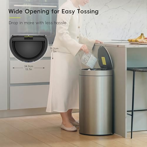 Image of EKO Mirage Semi-Round Motion Sensor Trash Can or Recycling Bin, 47 Liter / 12.4 Gallon Automatic Large Kitchen Trash Can with Deodorizer Compartment, Removable Lid and Bucket, Matte Stainless Steel