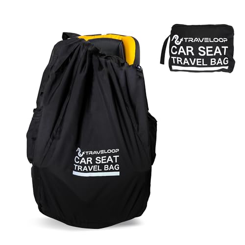 TRAVELOOP Car Seat Travel Bag for Airplane – Secure Double-Closure Travel Car Seat Bag – Gate Check Bag for Car Seats with Padded Shoulder Straps, Rubberized Carrying Handle & Storage Pouch (Black)