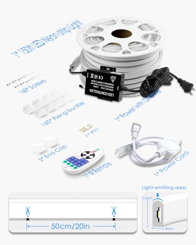 Image of 45m Outdoor Neon LED Rope Lights Waterproof 150ft AC 110V~130V Cold White Neon LED Flexible Rope Light with Dimmable Controller LED Strip Light for Outside Bedroom Wall Garden Building Yard