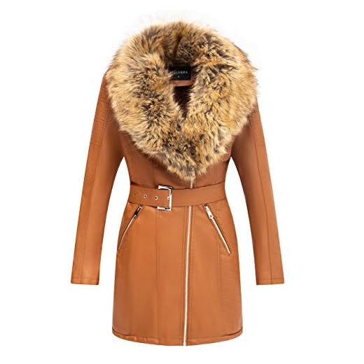 Bellivera - Gabardina para mujer con cuello desmontable de piel sintética, chaqueta larga/corta de piel sintética