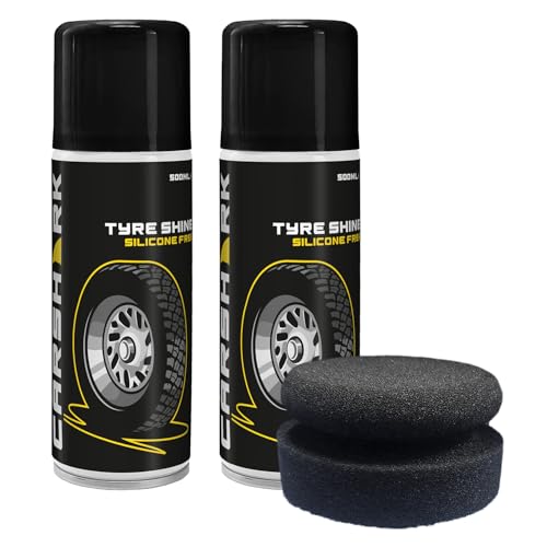 CARSHARK Tyre Shine Silicone-Free, 2 x 500 ml, 1 x Applicator Pad (Black) Clean Finish, Aerosol Spray