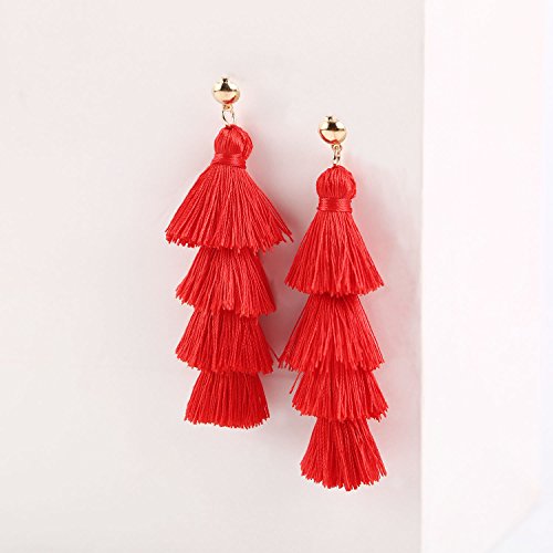 Baublestar Fashion Gold Tassel Dangle Earrings Layered Long Bonita Tiered Red Thread Tassel Drop Statement Jewelry For Women Girls #TOP4