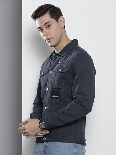 Image of The Indian Garage Co Men Grey Slim Fit Solid Trucker Jacket