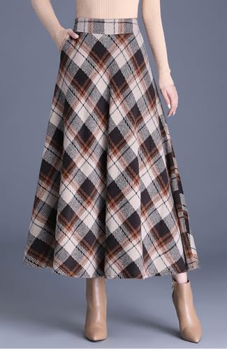 chouyatou Women's Winter Elastic Waist Wool Plaid Skirt Fall A-Line Pleated Midi Long Skater Skirt4