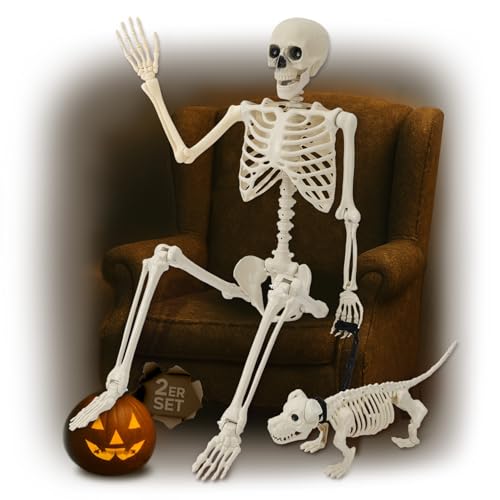 Festicy 2er Set Halloween Skelett mit Hund & Leine I Halloween Deko Skelett lebensgross ca. 160 cm I robuste und wetterfeste Deko als Halloween Outdoor und Indoor geeignet