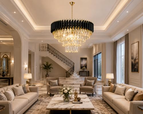 Image of Modern Crystal Chandelier Ceiling Light for Living Room, Dining Hall & Hotel | Luxury Pendant Jhoomar with K9 Crystals | 500MM Black Gold