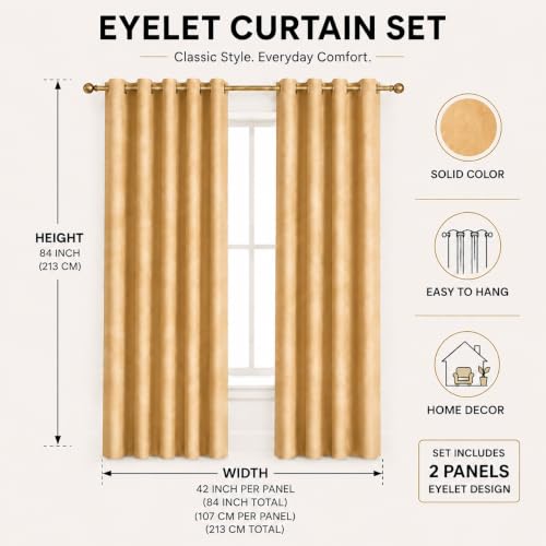 Image of Polyester Eyelet Door Curtain, Solid Plain Light Filtering Curtain for Bedroom, Living Room & Home Office, 7 Feet (84 x 48 Inch), Gold, Pack of 2