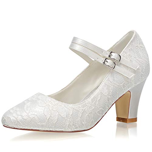 JIAJIA 62314 Damen Brautschuhe Closed Toe 7cm Block Mid Heel Spitze Satin Pumps Hochzeitsschuhe Farbe Elfenbein,Größe 36 EU Cover