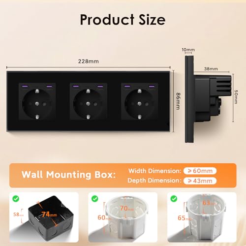 BSEED Schuko Steckdose mit Type C 20W Schnellladeger&auml;t, Typ C + Typ C Steckdose Unterputz, 3 Fach EU-Standard Wandsteckdose mit Glas Platte, 228mm, Schwarz