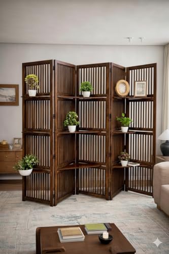 Image of Wooden Partition Divider for Living Room, Partition Wall, Privacy Divider, Freestanding Folding Panels for (6 Feet 5 Panel with 3 Shelve) (6 feet 5 Panel Dark Brown)