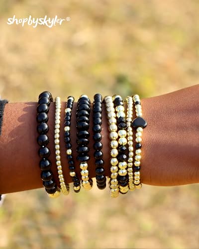 9PCS Gold Bracelets for Women Heart Stone Beaded Bracelets Gold Stretch Bracelets for Women 14K Real Gold Plated Stackable Bead Ball Bracelet Set4