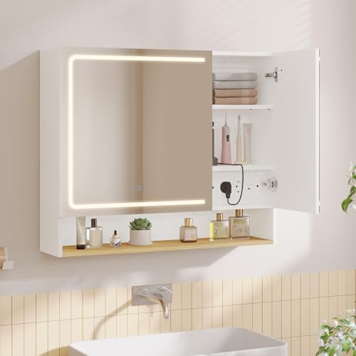 FORABAMB Meuble de Salle de Bain avec Éclairage LED et Prise, Armoire de Toilette Miroir avec 3...
