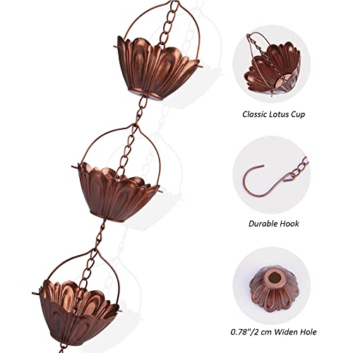 YJNSFT 8 ft Copper Plated Rain Chain for Outside Downspouts, Adjustable Rain Catcher for Garden Gutters, Decorative Metal Hanging Flower Spiral Rain Bells, 12 Lotus Cups, Red Copper Color