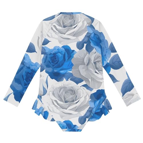 Girls One Piece Swimsuits Long Sleeve Swimsuit Zipper Bathing Suits Blue White Roses Flwoer2