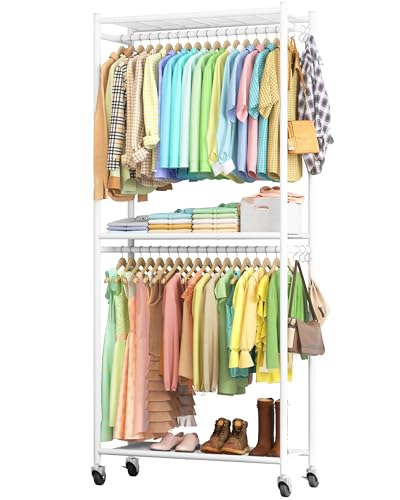 Sakugi Clothes Rack - 33.0' x 12.2' x 79.5' Clothing Rack with Shelves & Wheels, Multi-Functional Wardrobe Closet with Hooks, Sturdy Metal Garment Rack for Bedroom, Laundry, Balcony (White)