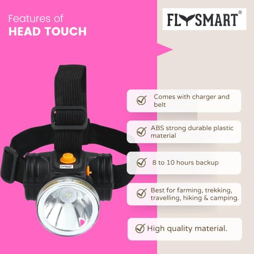 Image of Flysmart 100W Rechargeable LED Head Torch Headlight Upto 1km Range with 8 Hours Continous Light, Two Light Modes Feature for Farmers Camping Caving Hiking Trekking Cycling Running etc