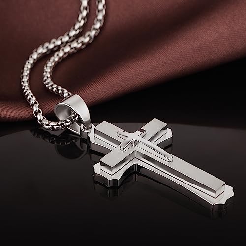 Men's Cross Necklace 316L Stainless Steel Large Heavy Cross Pendant for Men Polished Jewelry Rolo Chain with 22'' 24'' 26''3