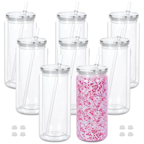 Cosictic 20 OZ Mehrweg Acryl-Schneekugel-Tumbler mit vorgebohrtem Loch, 591ml, Kunststoff-Doppelwandiger Schneekugel-Tumbler mit klarem Deckel und Trinkhalm, (8 Stück)