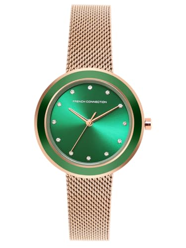 French Connection Sunray Green Round Dial with Rose Stainless Steel Mesh Strap Watch - for Womens FCMX2NRGM