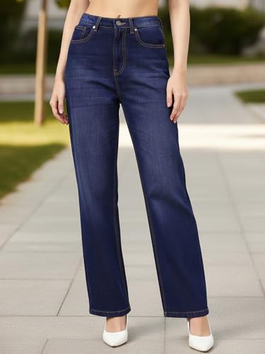 Image of Bewakoof Women's 100% Cotton Straight Fit Jeans | Jeans for Woman | Pants for Woman | Classic Denim Pants | Everyday Casual | Utility Streetwear | Lightweight & Flexible | Straight Pants for Women