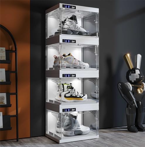 BPKADHY Shoe Display Case with Led Lights, Auto-Opening Shoe Storage Box Clear Plastic Stackable Shoe Case Remote Control Shoe Organizer Smart Clear Shoe Box Transparent Sneaker Box (4 PCS)