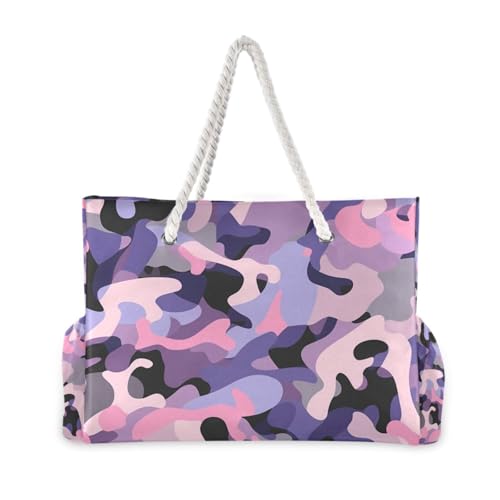 Camouflage Purple Pink Sandproof Bag For Women with side pocketes Travel Totes Bags with cup holders on side2