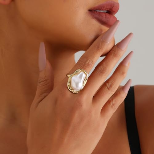 Baroque Pearl Ring for Women - Adjustable Irregularity Statement Ring - Vintage White Big Faux Pearl Finger Ring - Fashion Wedding Jewelry2