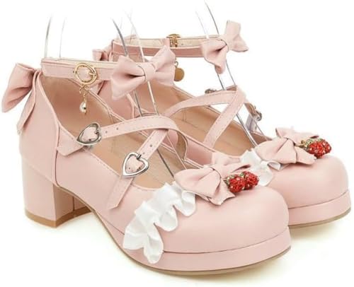 Lindos Tacones de Mujeres de Mujer Kawaii Mid tacel Mary Jane Rock Style Sweet Shoes Bow Lace Mary Jane Tisos Girls Lindos Japoneses Tallones Dulces (Rosa,37)