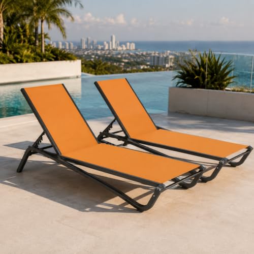 Patio Kingdom Set of 2 Patio Chaise Lounge Chairs, All-Weather Aluminum Pool Loungers for Outside, 5-Position Adjustable Sunbathing Chair for Deck, Backyard & Poolside, Rust-Proof, Solar Orange
