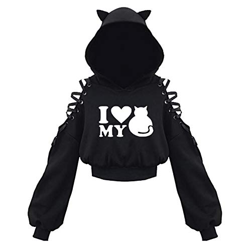 Preisvergleich Produktbild Marrmo Damen Hoodie Katzenohren Kapuzenpullover Katzenmuster Schwarz Langarm Sweatshirt Hollow Out Ärmel Crop Tops Herbst und Winter Bluse Einfarbiges Partykleidung(S)