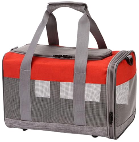 ペットキャリーケース コントラスト色 キャリーバッグ 3面メッシュ 猫 犬 ショルダーバッグ ソフトクレート バッグ 通院用 ジッパー 通気性 旅行 ポータブル 散歩出かけ 防災 折り畳み 軽量 マット付き (グレー+レッド, 38x25x26cm)