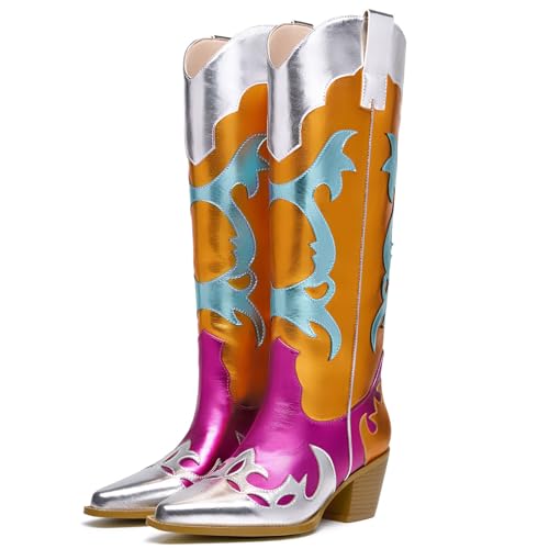 Colorful Wide Calf Embroider Cowboy Boots for Women Pointed Toe Slip On Stacked Heel Evening Party Wedding Bridal Clubwear Classic Floral Knee High Country Cowgirl Boots