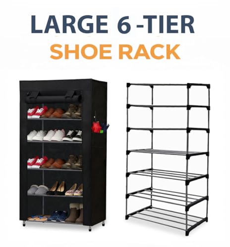 Image of Metal Shoe Stand with Cover, 6 Tier Shoe Organizer for Home & Office - Black