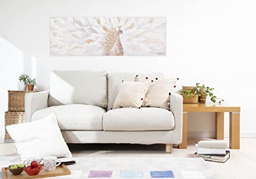 KunstLoft Leinwandbild | 100% HANDGEMALT | 150x50cm | Gemälde 'Legendary' | Pfau | Beige | Wandbild Wohnzimmer