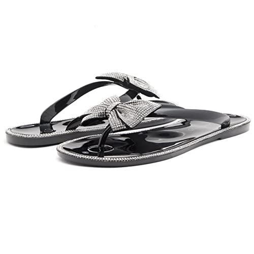 Shoe Land 172762 Womens Summer Flat Sandals Jelly Flip Flops Rhinestone Bowtie Thong Sandal Strappy Slides thumb #6