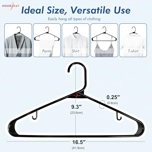 HOUSE DAY Plastic Hangers 20 Pack, Space Saving Clothes Hangers with Built-in Hooks, Durable & Strong Closet Organizers and Storage, Dorm Room Essential, Perfect for Shirts, Coat, Pants, Dress - Black
