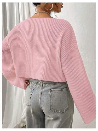 Image of Floerns Women's Long Sleeve Cropped Fall Pullover V Neck Drop Shoulder Rib Knit Sweaters Top