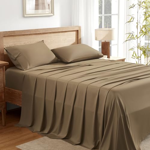 Image of Andency Taupe Queen Sheets Set 100% Viscose Derived from Bamboo | Cooling Summer Sheets, Deep Pocket Up to 16 inch, Silky Soft Hotel Luxury Breathable Bedding Sheets & Pillowcases