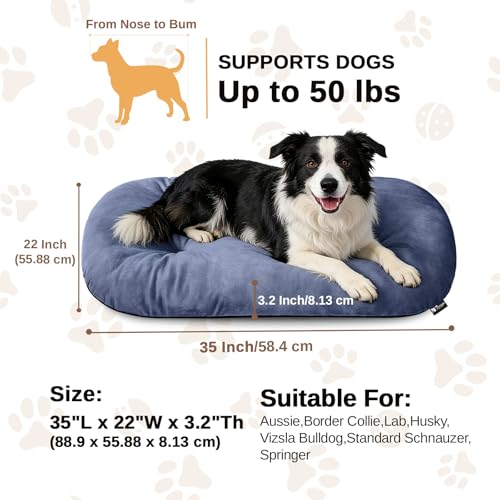 Image of Washable Oval Dog Bed for Large Dogs,High-Resilience, Dusty Blue | Non-Slip Bottom Prevents Sliding, Soft Plush Short Fur, Machine Washable, Ideal for Crates /Apartments /Cozy Nooks,35 inchx22 inchx3.2 inch