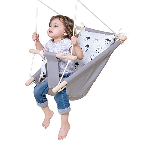 Baby Swing for Infants and Toddler, Canvas Baby Hammock Swing Indoor and Outdoor with Safety Belt and Mounting Hardware, Wooden Hanging Swing Seat Chair for Baby up to 4 Year -Little Cloud