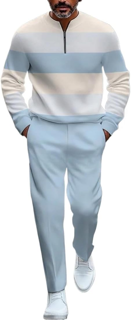 Men’s street retro polo shirt jogging pants two-piece set, semi-circular collar zipper printed casual set