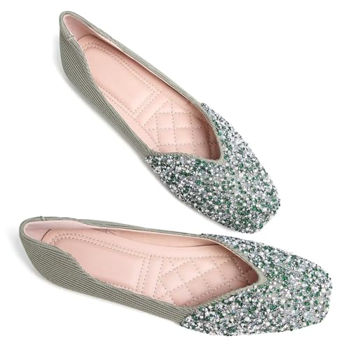 TN TANGNEST Women's Rhinestone Flats Comfortable Square Toe Slip on Flat Shoes3