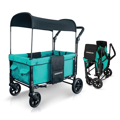Image of WONDERFOLD W1 Original Stroller Wagon (2 Seater) - Wagon Stroller with Seats with 5-Point Harnesses, Adjustable Push Handle, and Sun Canopy, Teal Green