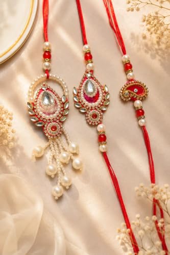 Image of Rakhi Set of 3 with Pearl and Crystal Embellishments, Red | Bhaiya Bhabhi Rakhi, Kundan Work, Pearl Tassels, Festive Thread, Traditional Design