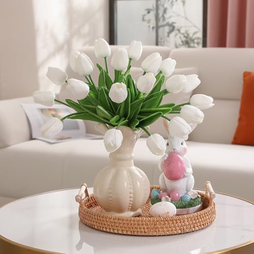 Image of White Fake Tulips Artificial Flowers - 24 Pcs Artificial Silk White Tulips Faux Flowers with Stems for Home Wedding Hotel Office Centerpiece Decor Easter Decorations